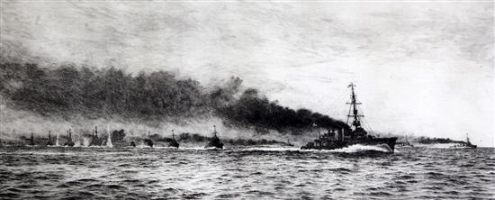 William Lionel Wyllie (1851-1931) HMS Champion and the 13th Flotilla leading in the Battle of Jutland May 1915, 6.75 x 16.5in.